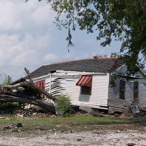A home in need of repairs after severe weather.