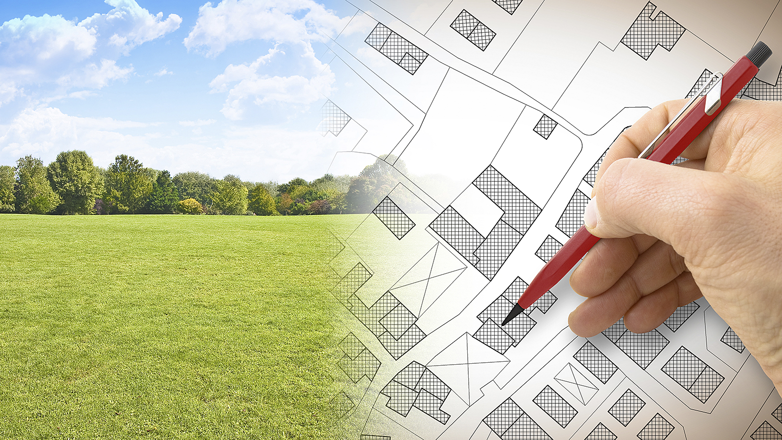 Land area faded next to a blueprint