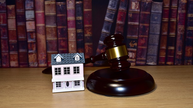 A tiny house and a judge's gavel in front of books