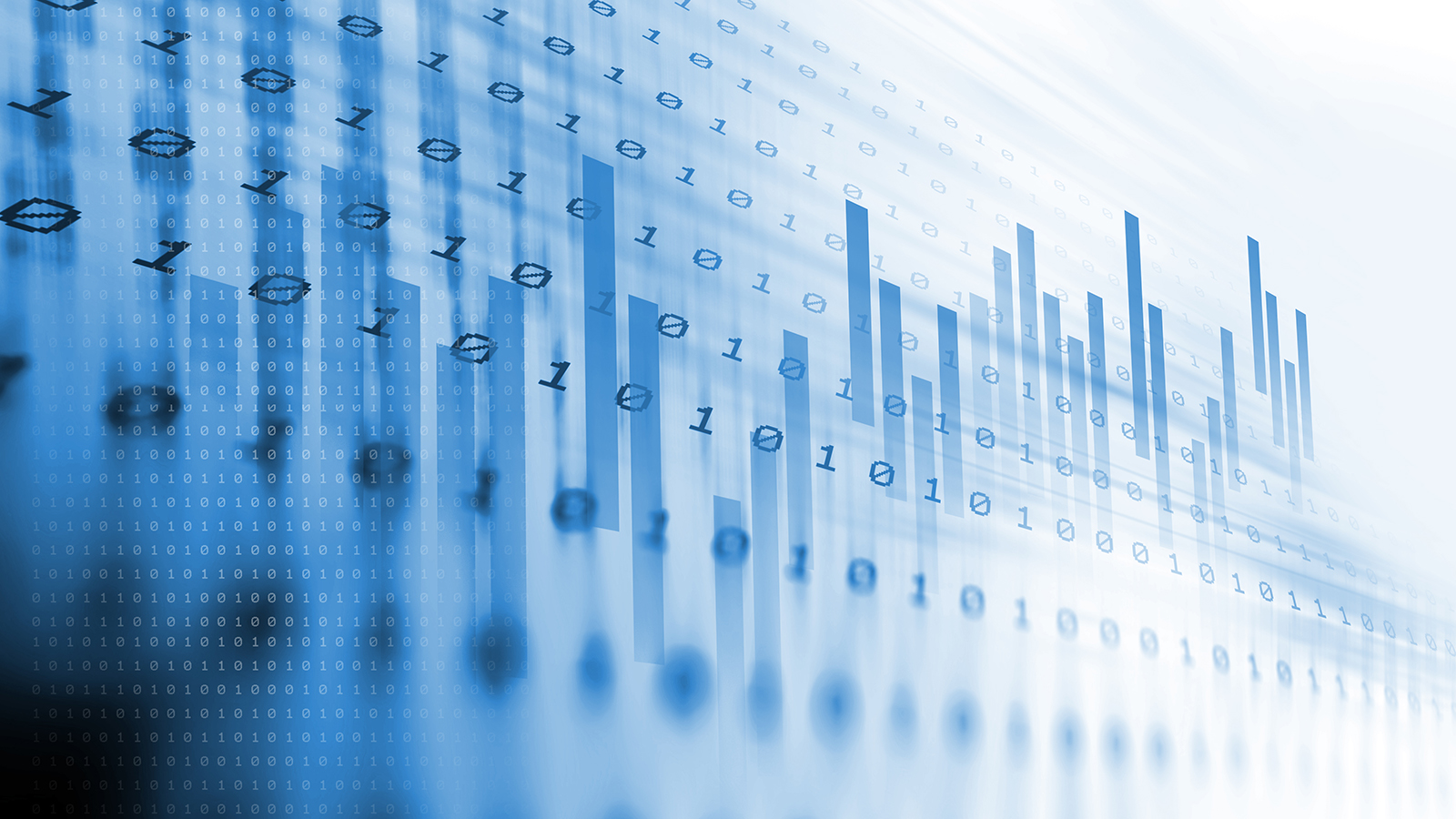 Blue candlestick chart in front of random letters