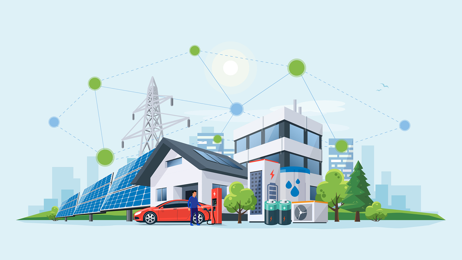 Electric car charging with solar panels, wind, high voltage power grid and city