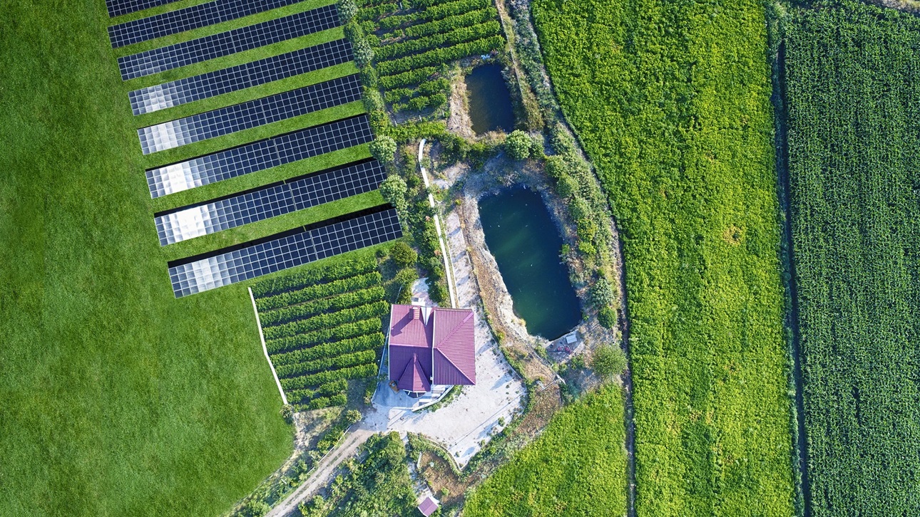 Solar array on a green field