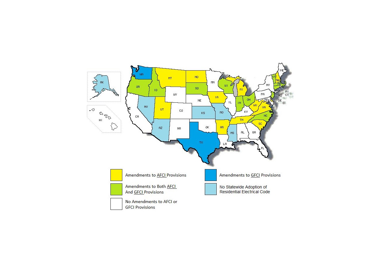 Map of states that have adopted AFCI and GFCI requirements