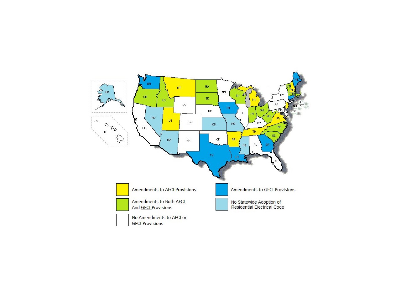 Map of states with AFCI/GFCI amendments