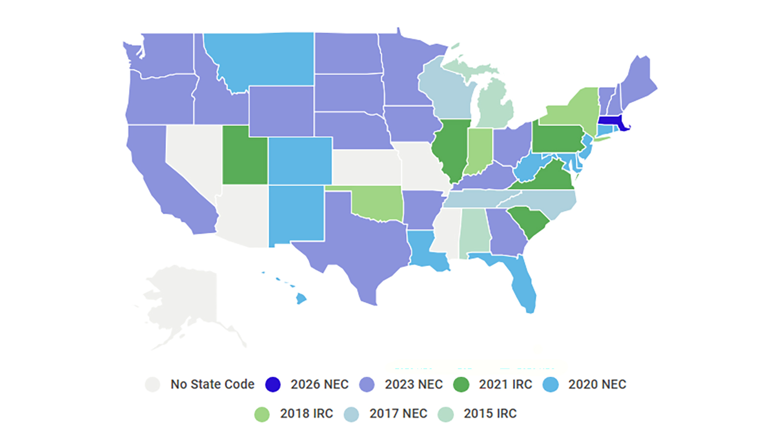Map of U.S. showing states by electrical code adopted