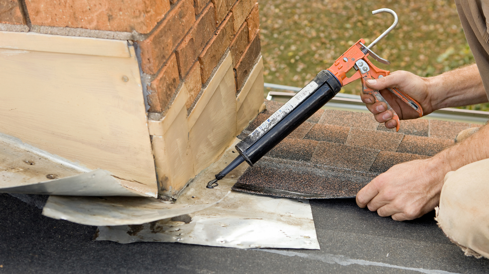 Flashing on a roof around a chimney