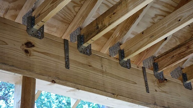 Hurricane ties holding rafters to wall framing