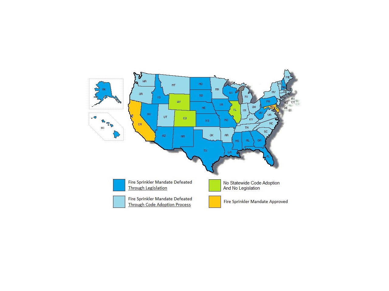 Adoption of fire sprinkler mandates state by state
