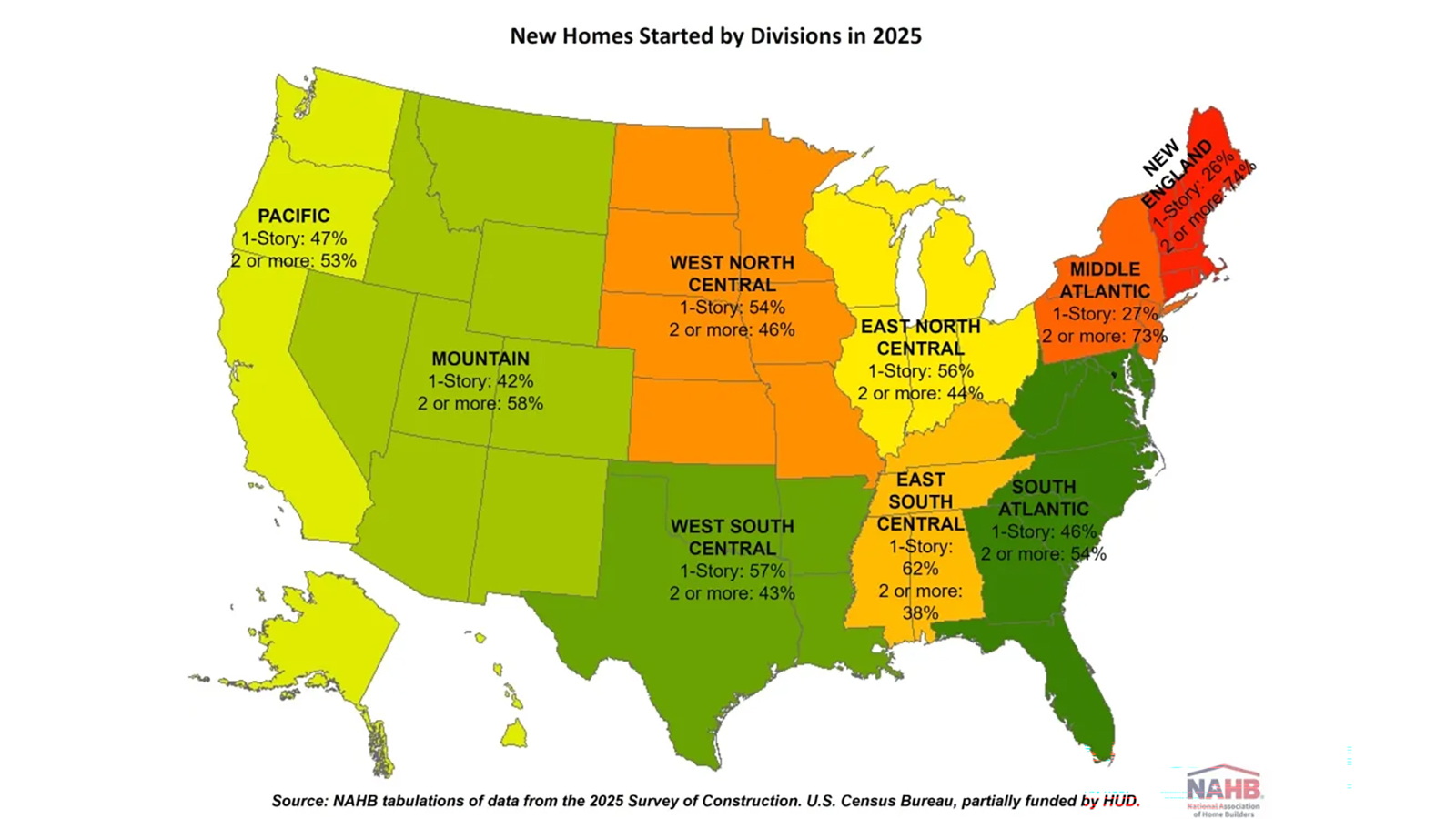 A map of the U.S. divided into regions showing where single-story homes are popular