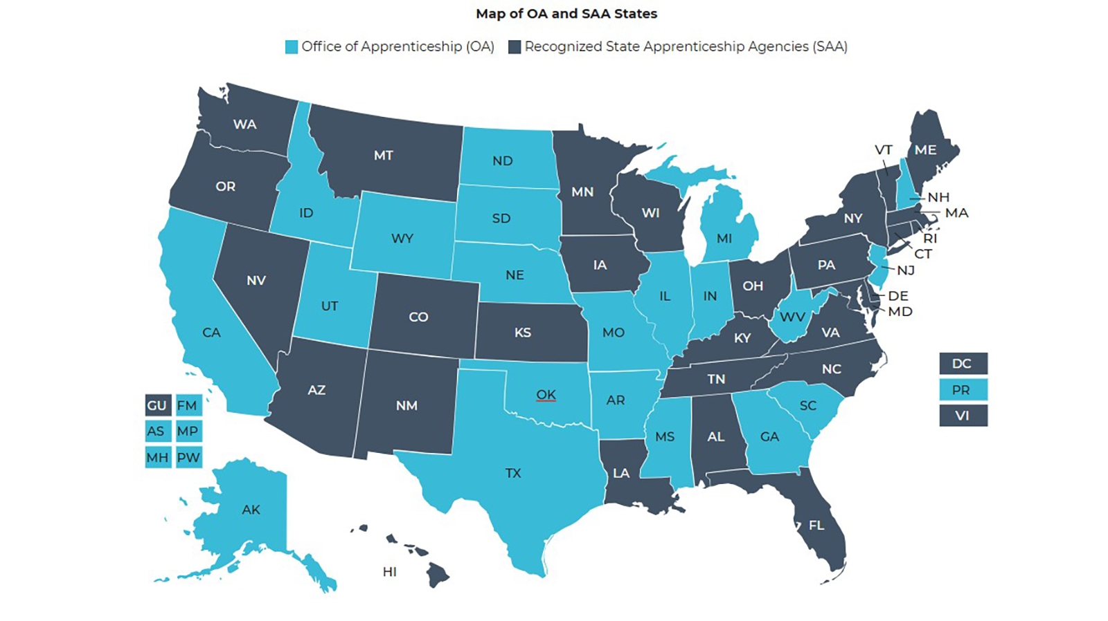 Map showing states that administer their own programs vs. Labor Department control