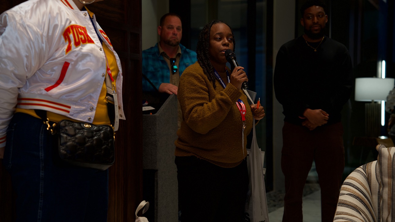 HBCU leadership student Brittany Holt speaks to the crowd at the Black Builder Mixer in Las Vegas