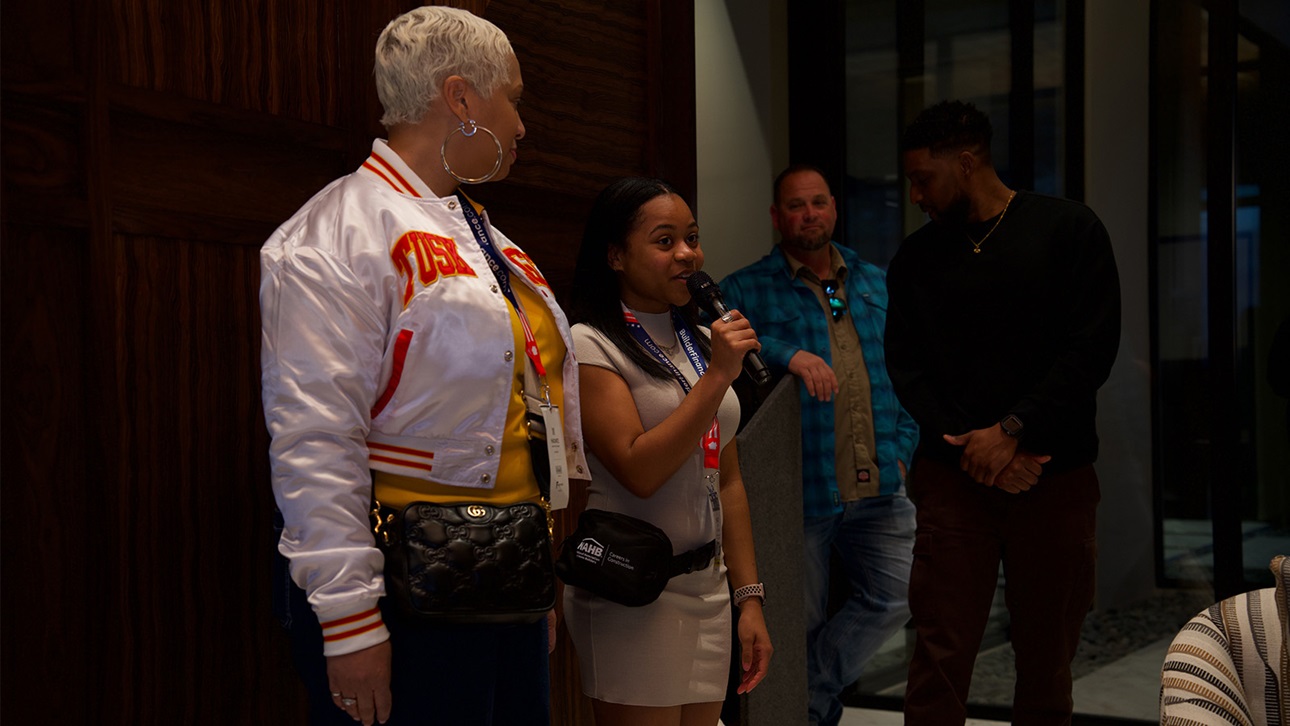 HBCU cohort leadership student Malloy Shamwell speaking at the Black Builder Mixer