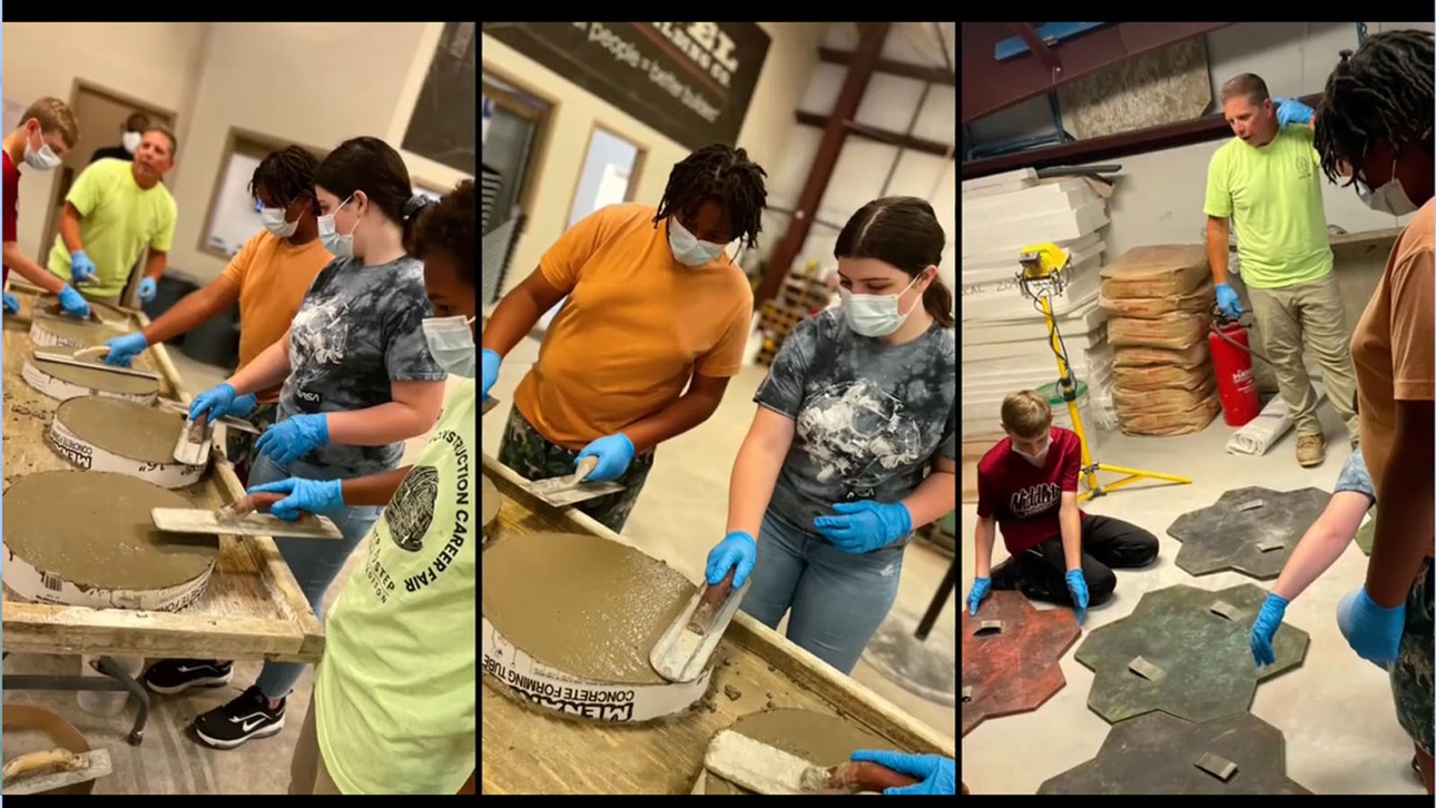 students working with cement