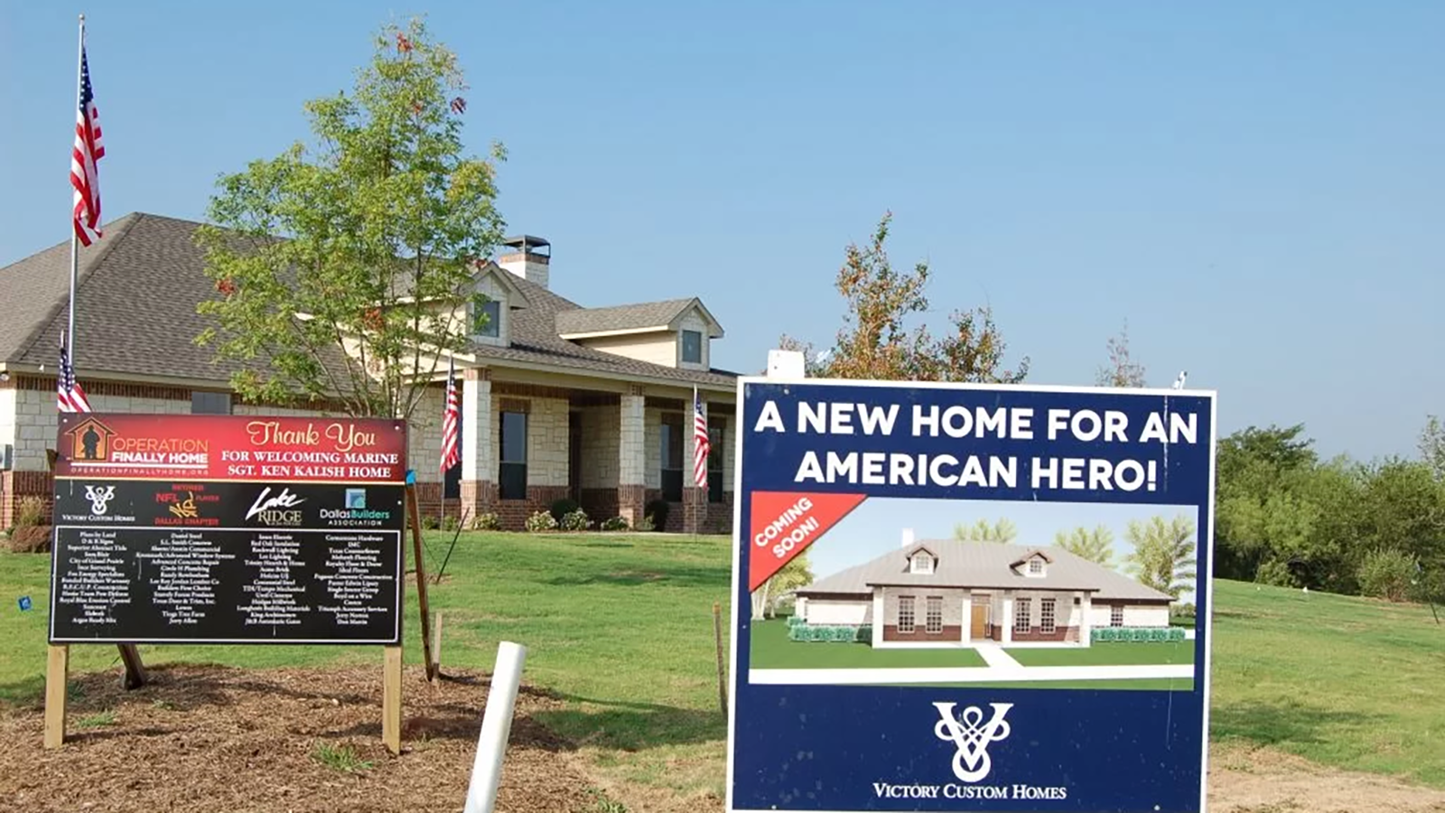 A new-build home by the Dallas Builders Association is shown with a sign out front.