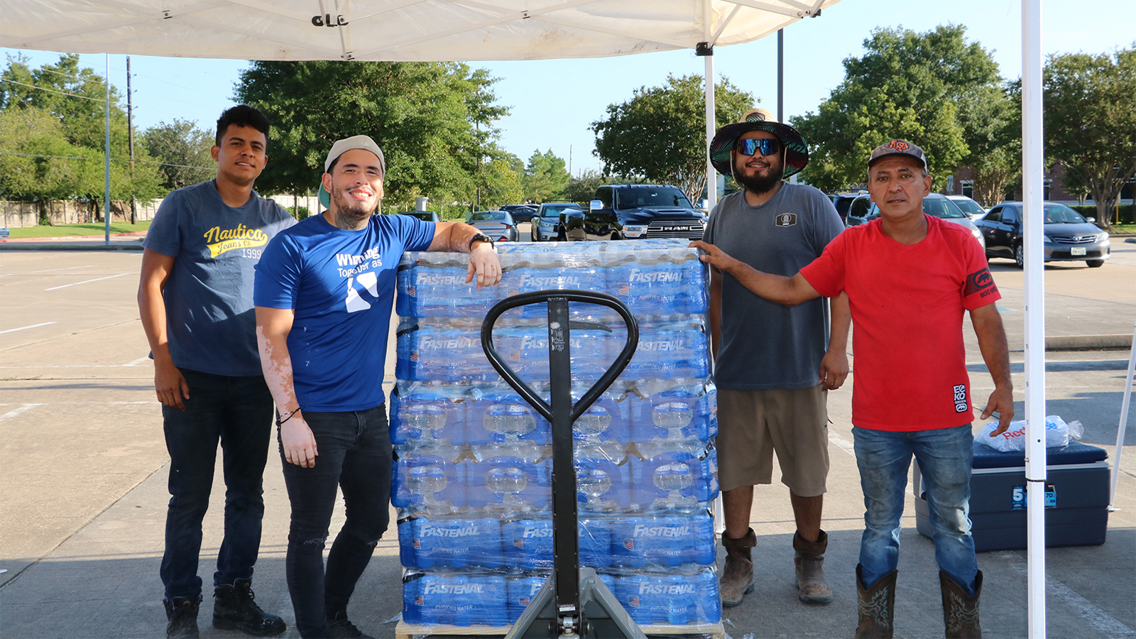 water pallet and volunteers