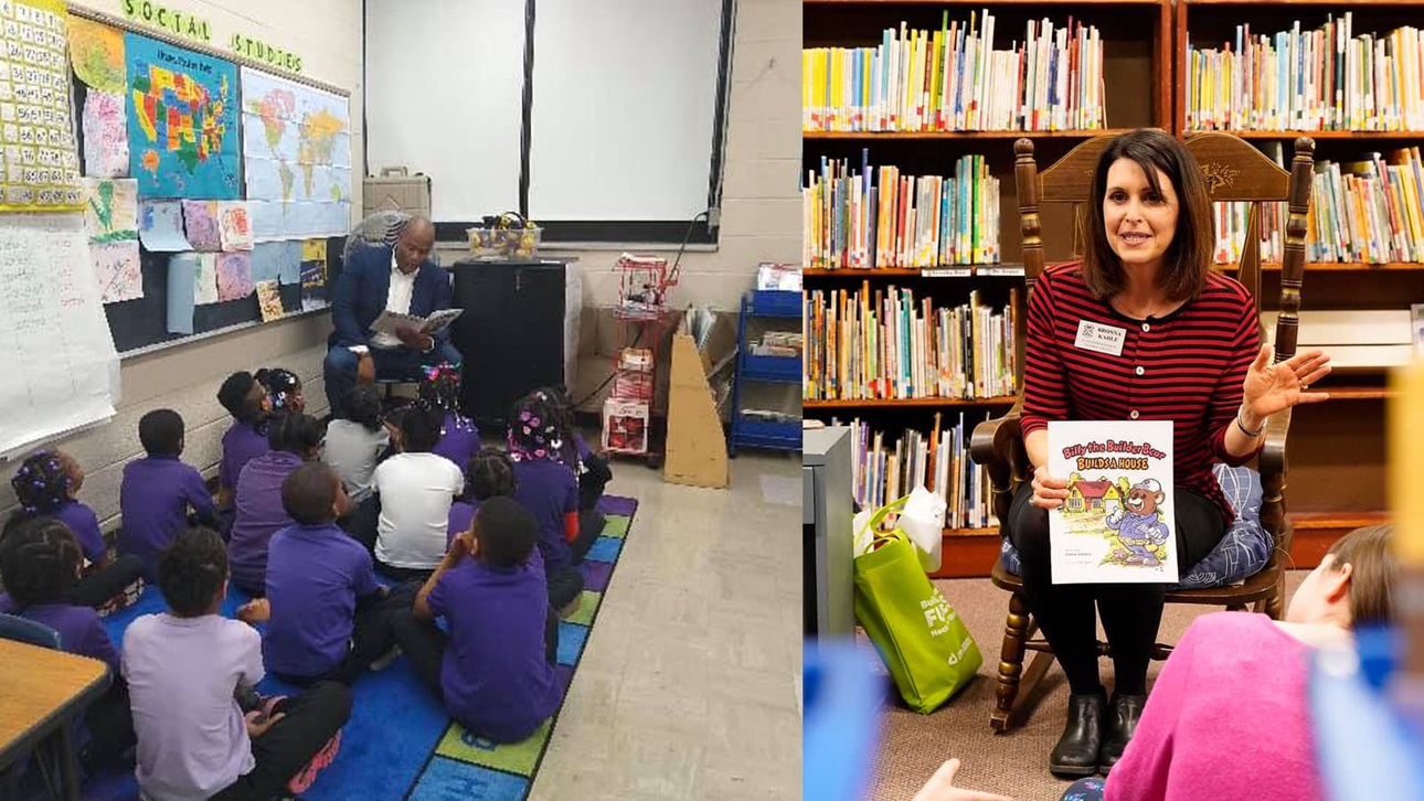 policymakers read books to children in a classroom