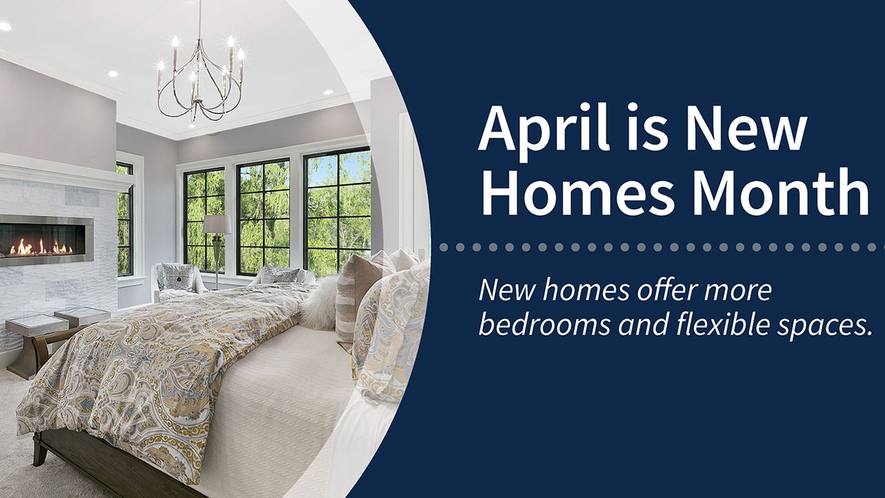 social media post featuring new bedroom with text promoting new homes month