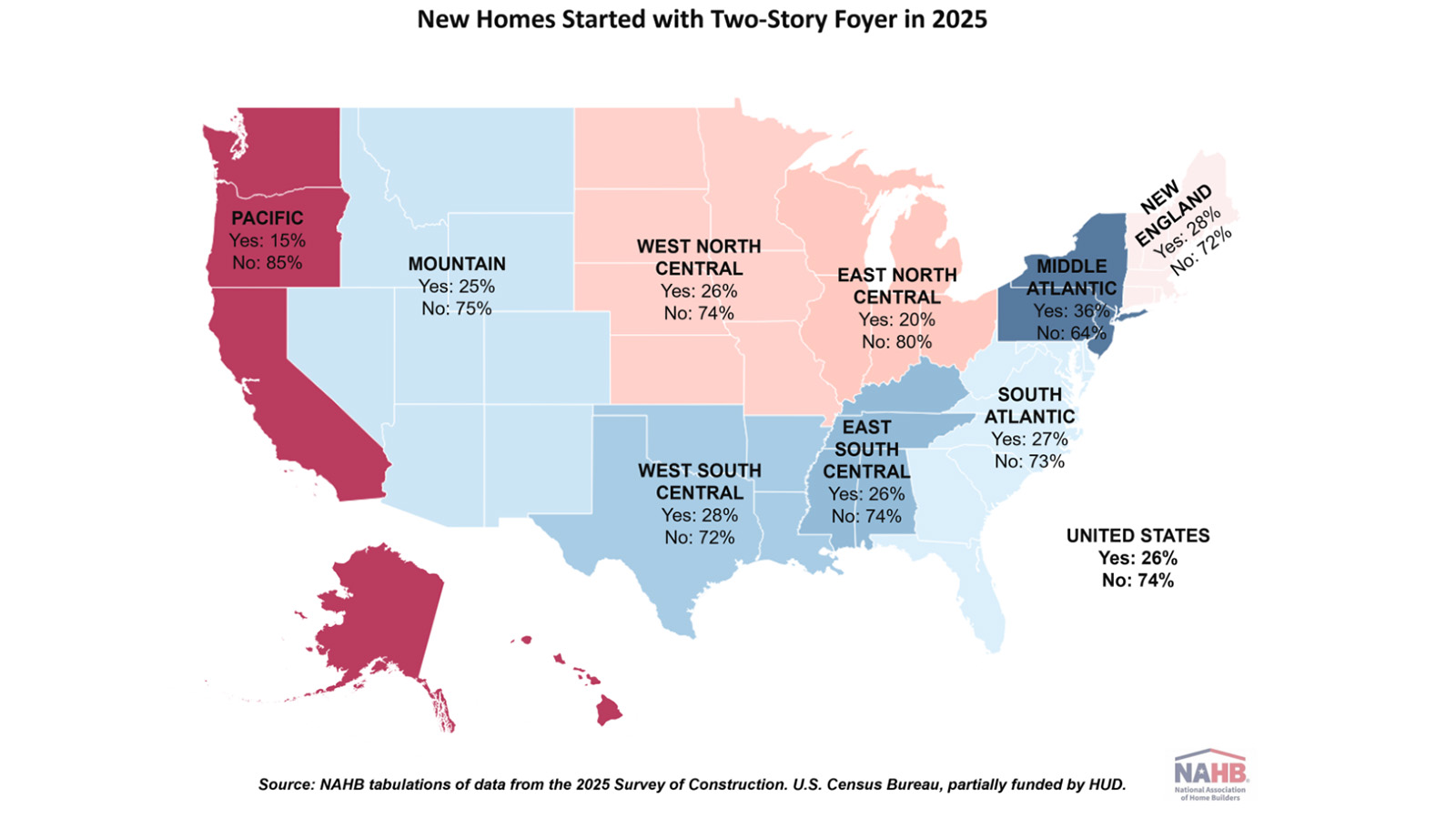 Map showing 2025 regional two-story foyer trends.