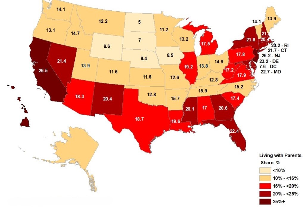 U.S. map showing state-by-state percentages of young adults living with their parents