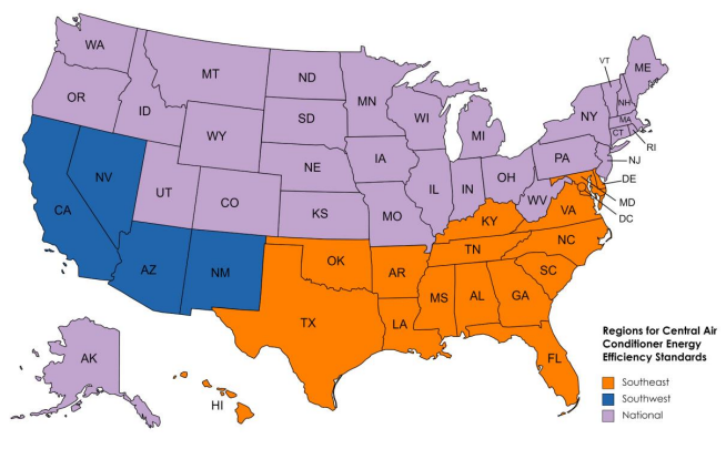 Map showing U.S. regions for SEER standards