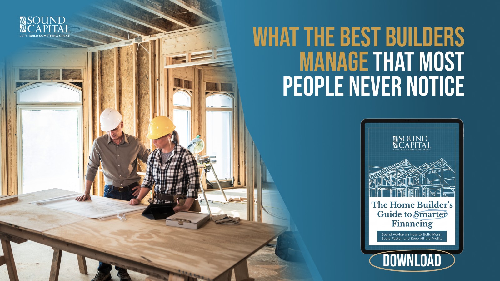 Builders reviewing blueprints on a jobsite