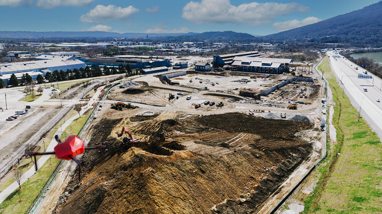 Drone flying over a jobsite