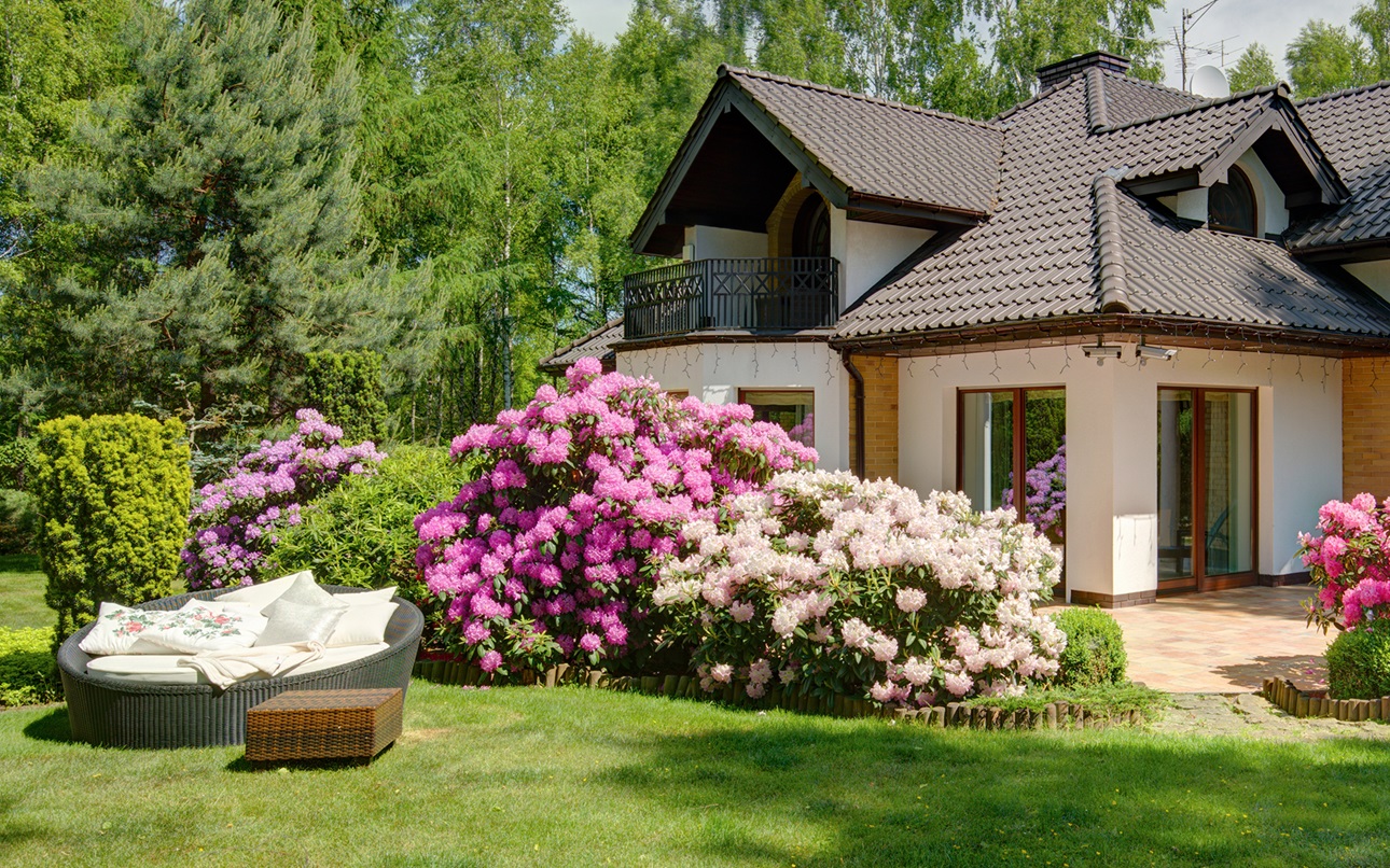 Single family home with a landscaped front yard in bloom