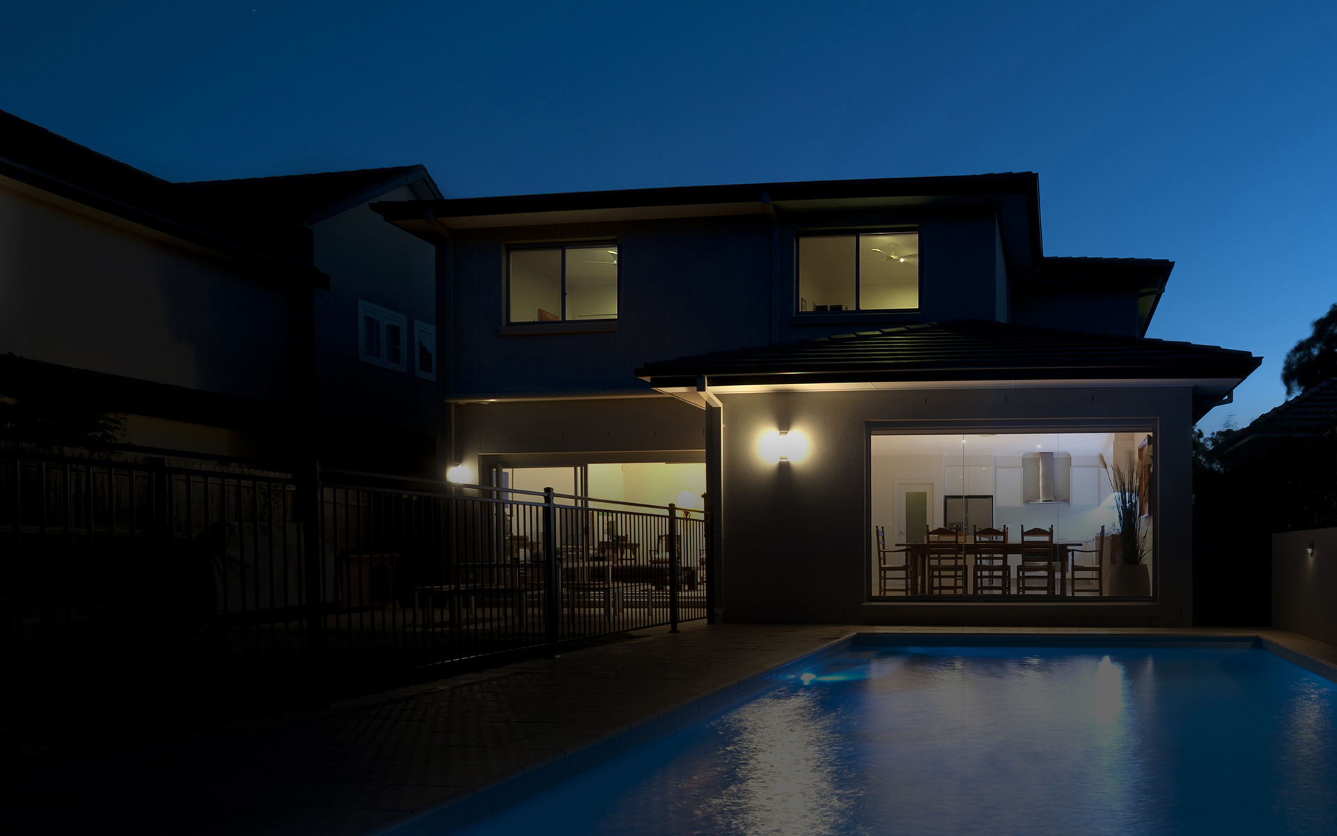 A contemporary home at dusk