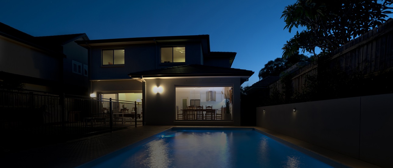 A contemporary home at dusk