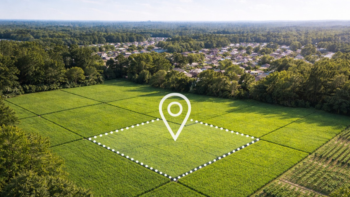 Aerial view of a green field divided into parcels, with a highlighted plot marked by a location pin near a suburban neighborhood and wooded area.