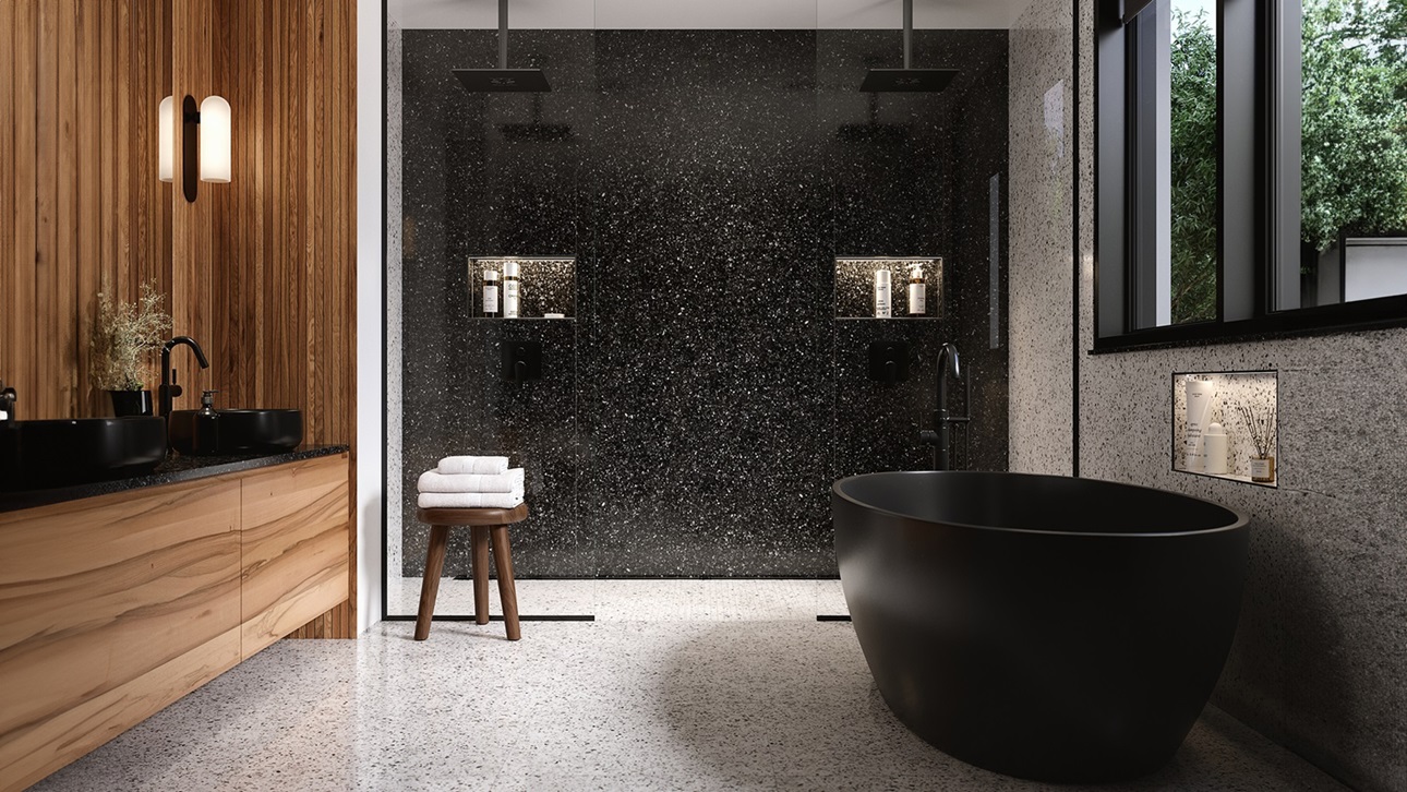 Spa like bathroom with a black tub and wood paneling