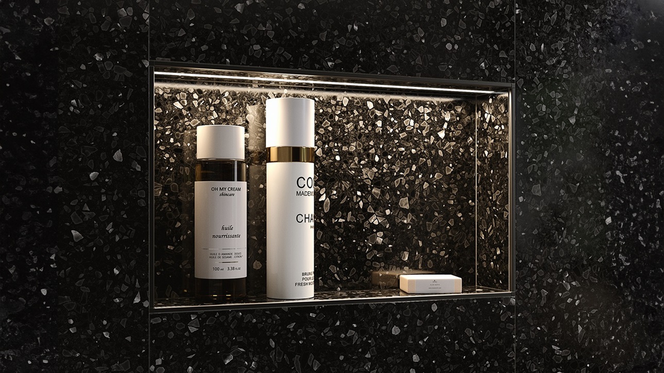 Body care products sitting on a shelf in a shower