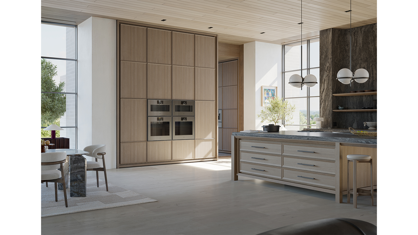 Bauhaus-inspired Gaggenau kitchen with minimalist wood cabinetry and island