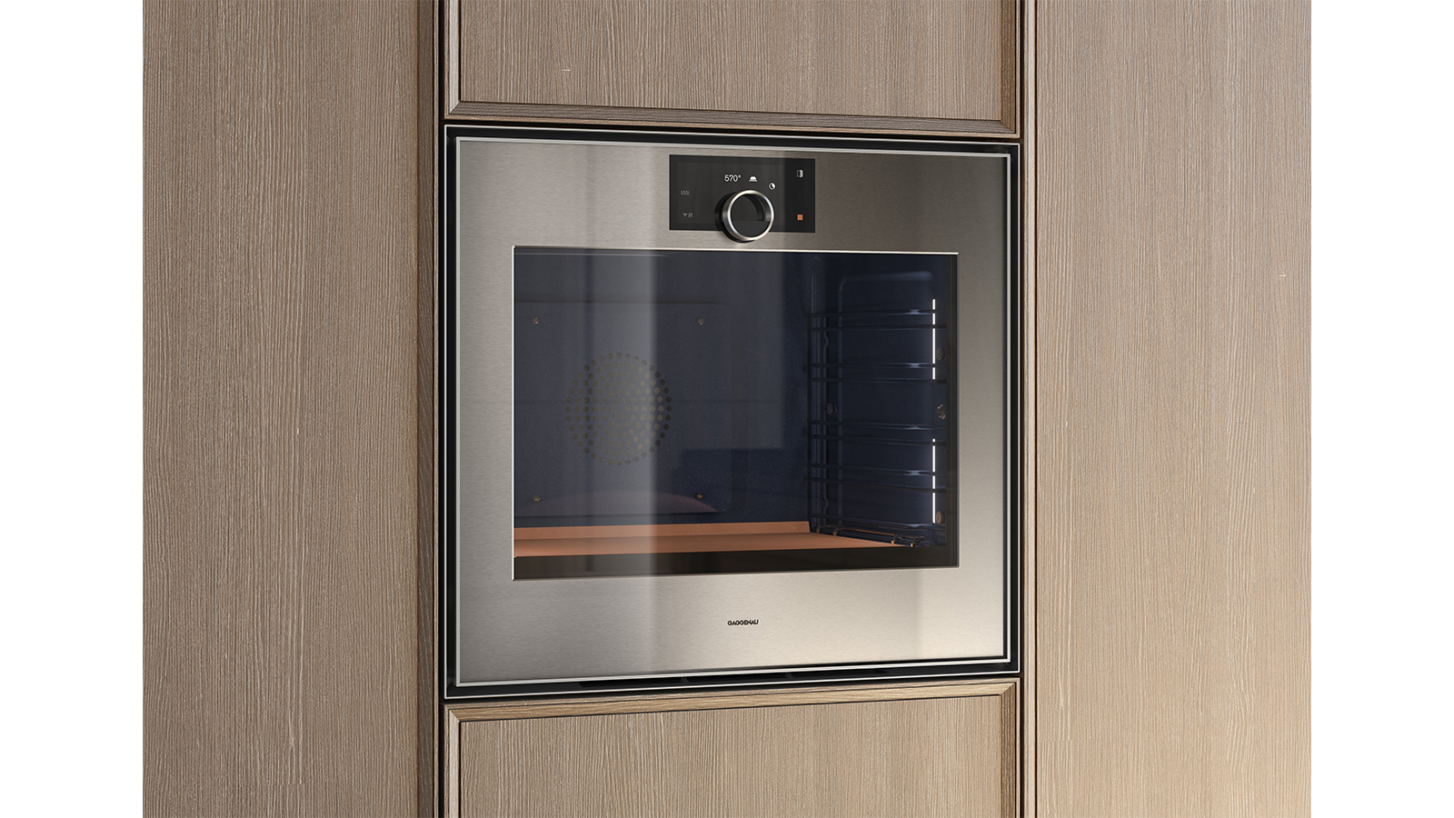 Gaggenau Bauhaus-inspired built-in oven in light wood cabinetry
