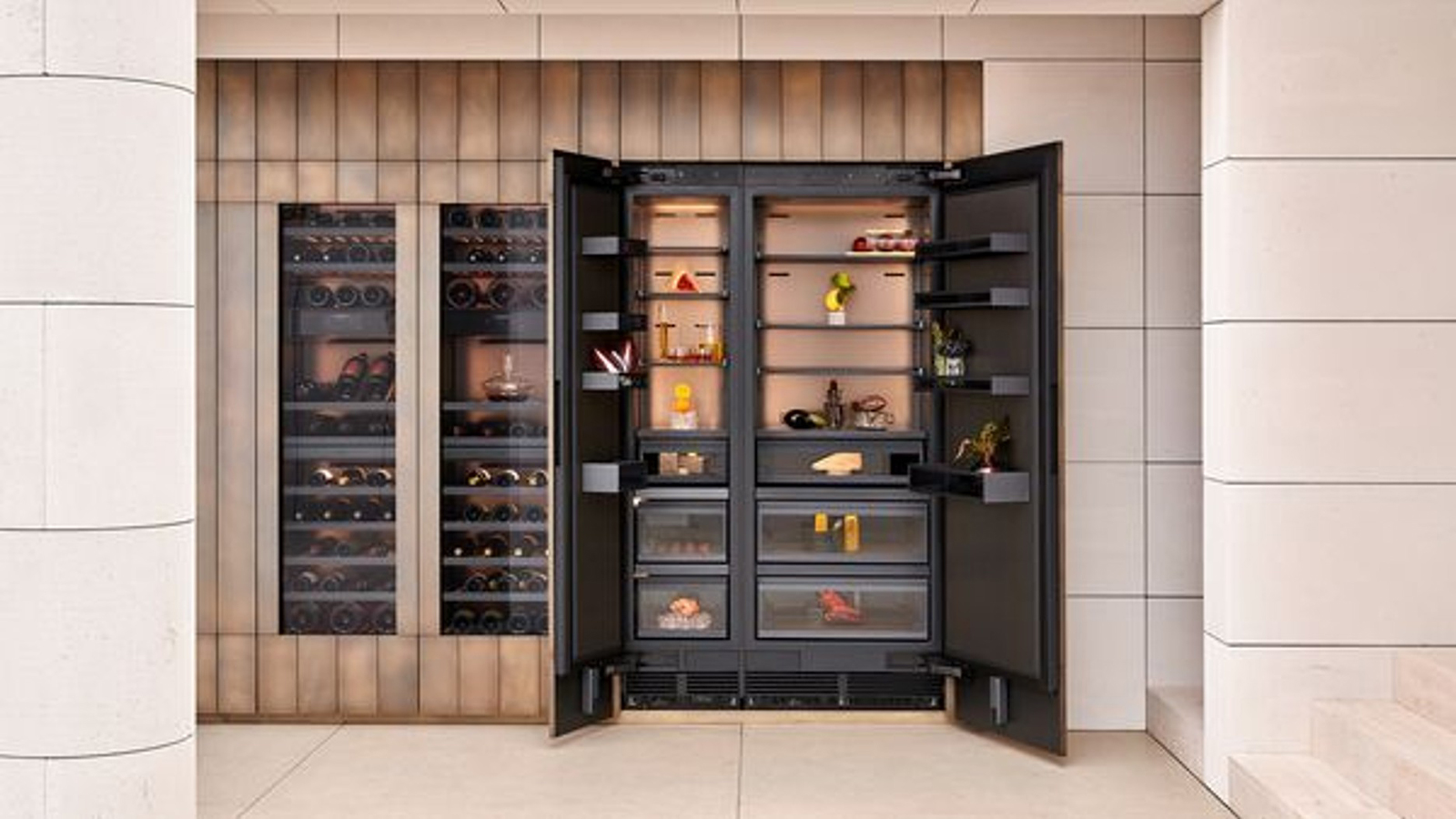 Built-in beverage and wine storage cabinet with open doors displaying illuminated shelves.