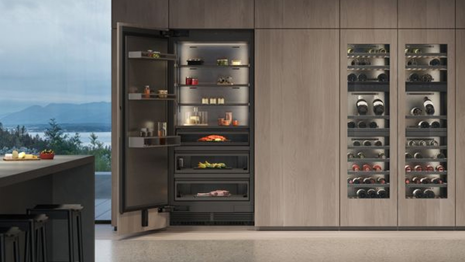 Built-in beverage center and wine storage integrated into a modern kitchen wall.