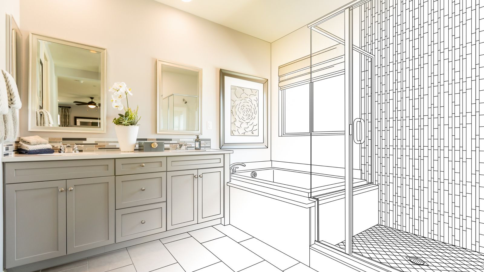 Bathroom vanity next to a wireframe shower layout.
