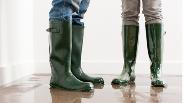 Two men wearing rubber boots in water