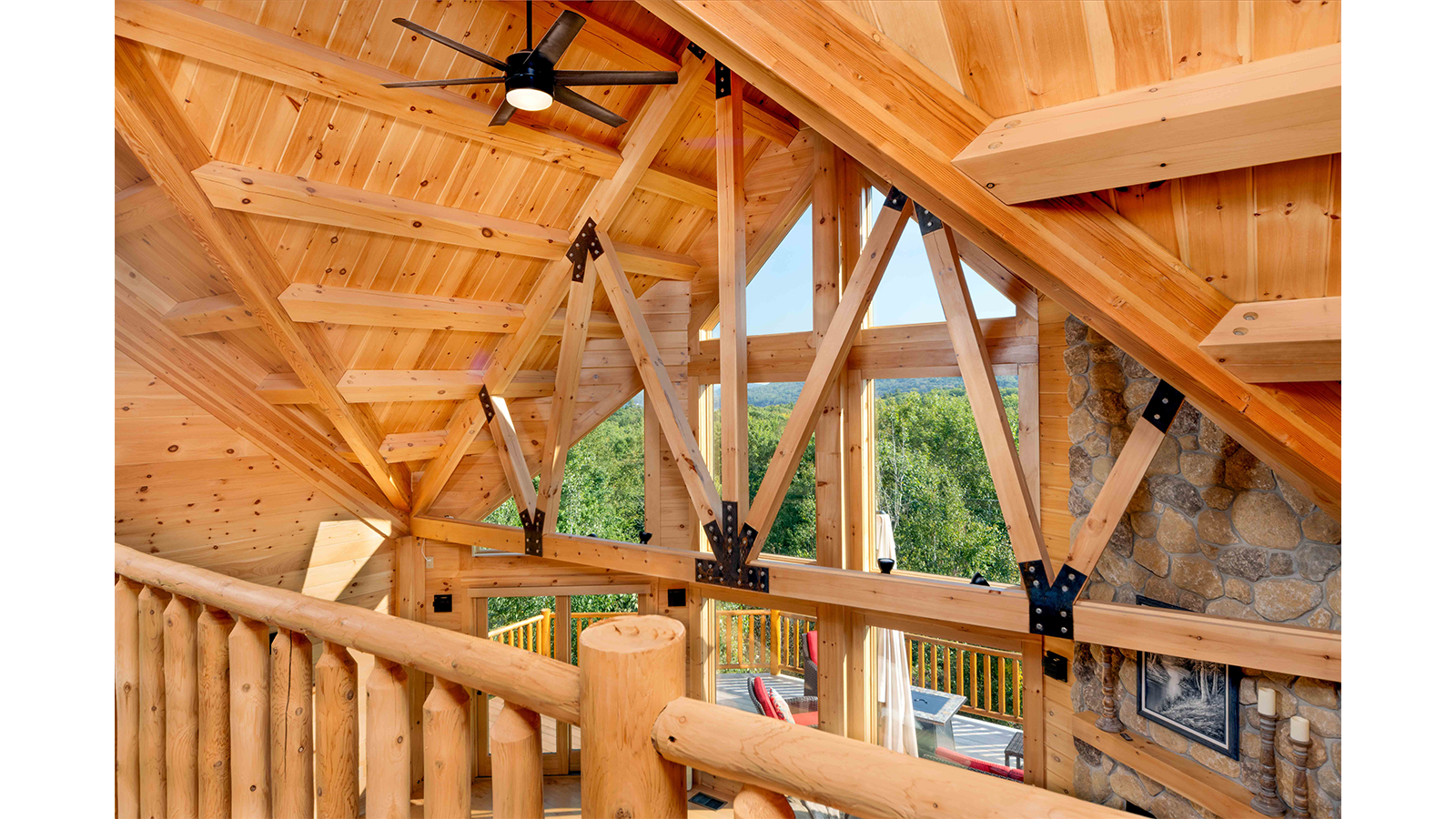 Windows and ceiling of the Cascade log home