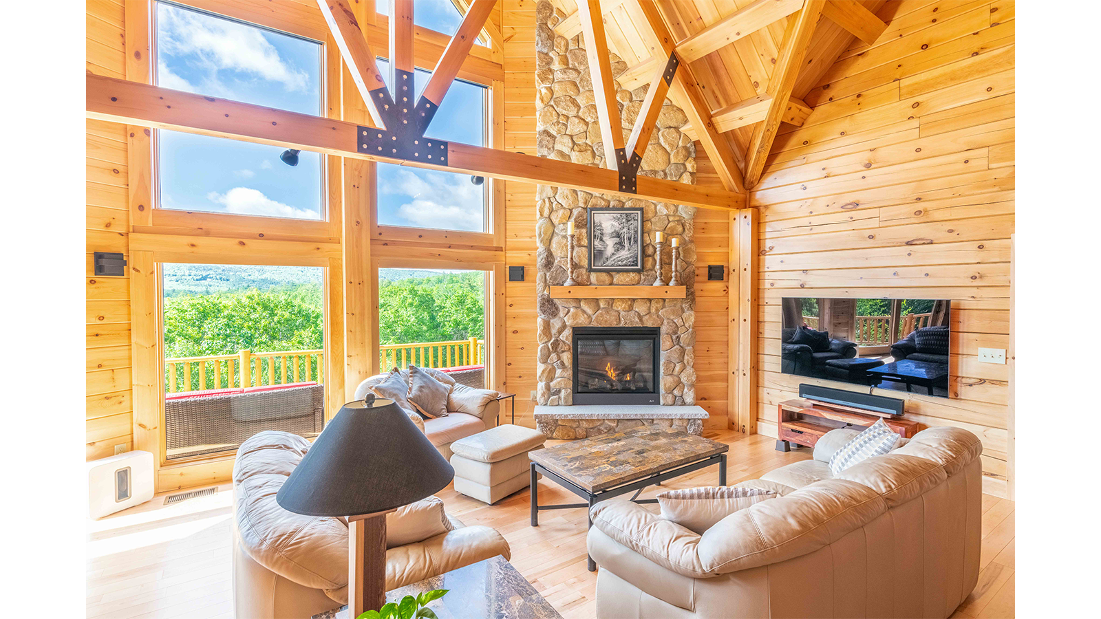 Windows and fireplace of Cascade log home