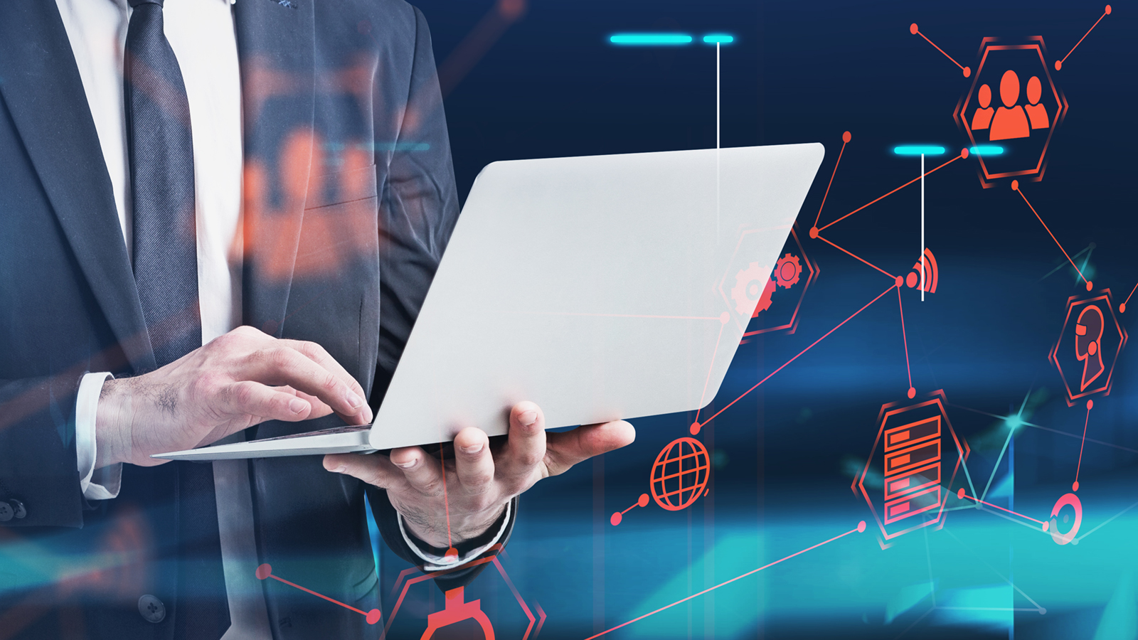 Man on laptop with floating networking icons