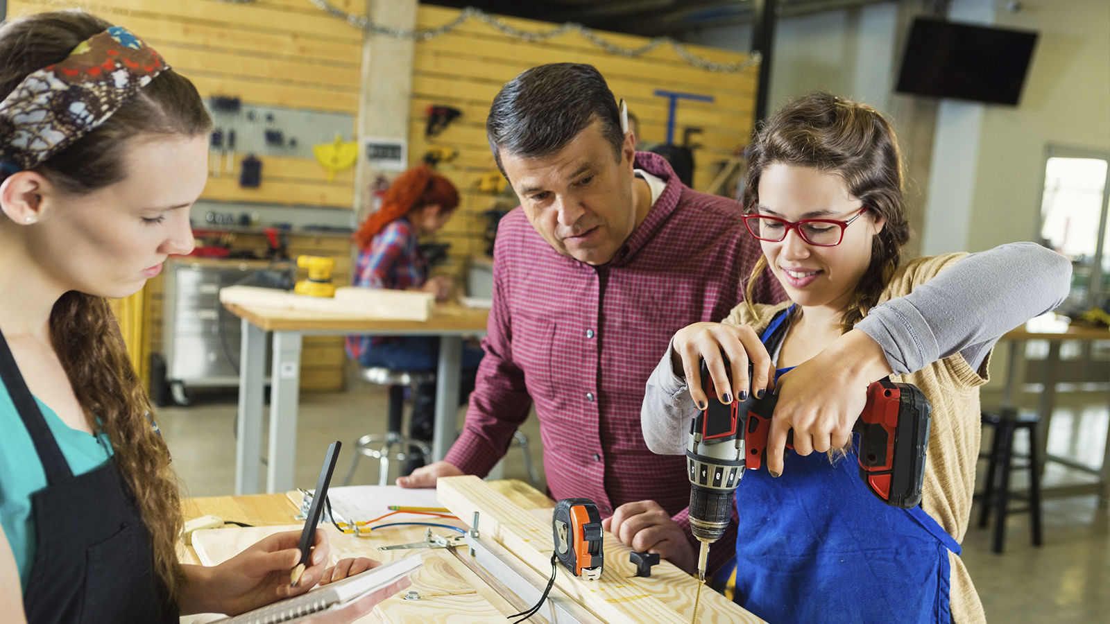 Students using power tools at school